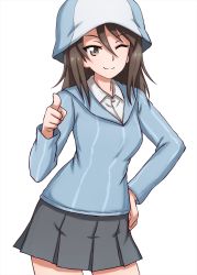 Rule 34 | 1girl, ;), blue hat, blue shirt, brown eyes, brown hair, closed mouth, commentary, cowboy shot, dress shirt, girls und panzer, grey skirt, hand on own hip, hat, highres, keizoku school uniform, long hair, long sleeves, looking at viewer, mika (girls und panzer), miniskirt, omachi (slabco), one eye closed, pleated skirt, pointing, pointing at viewer, school uniform, shirt, simple background, skirt, smile, solo, standing, striped clothes, striped shirt, vertical-striped clothes, vertical-striped shirt, white background, white shirt