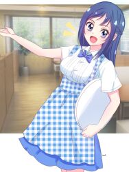 Rule 34 | 1girl, apron, blue apron, blue bow, blue bowtie, blue eyes, blue hair, blue skirt, blush, bow, bowtie, braid, breasts, checkered apron, checkered clothes, commentary request, dokidoki! precure, employee uniform, gingham apron, gingham skirt, half updo, high-waist skirt, highres, hishikawa rikka, indoors, kobeya uniform, long hair, looking at viewer, medium breasts, momotarouooi, outstretched arm, plaid, plaid apron, pleated shirt, precure, restaurant, shirt, short sleeves, skirt, smile, solo, tray, uniform, unmoving pattern, waitress, white shirt