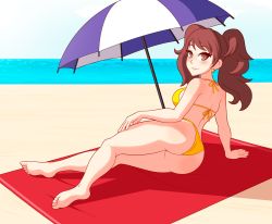 Rule 34 | 1girl, arm support, artist request, ass, atlus, beach, bikini, blush, breasts, brown hair, feet, highres, kujikawa rise, large breasts, legs, looking at viewer, looking back, lying, ocean, persona, persona 4, sideboob, smile, solo, swimsuit, thighs, towel, twintails, water, yellow bikini, yellow eyes