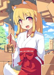 Rule 34 | 1girl, absurdres, animal ear fluff, animal ears, bird, blonde hair, blue sky, blush, day, fang, fox ears, fox tail, highres, japanese clothes, long hair, looking at viewer, masaki (machisora), miko, open mouth, original, outdoors, red eyes, sky, solo, tail, tree