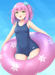 Rule 34 | 1girl, :d, blue one-piece swimsuit, breasts, covered navel, cowboy shot, green eyes, innertube, one-piece swimsuit, one side up, open mouth, original, pink hair, sasaame, school swimsuit, small breasts, smile, solo, swim ring, swimsuit