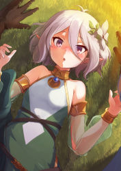 Rule 34 | 1girl, antenna hair, bare shoulders, blush, chestnut mouth, detached sleeves, elf, flat chest, flower, hair flower, hair ornament, highres, kokkoro (princess connect!), lying, on back, pink eyes, pointy ears, pov, princess connect!, sanderson, see-through, see-through sleeves, short hair, silver hair, surprised