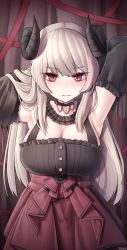 Rule 34 | 1girl, armpits, breasts, cleavage, closed mouth, demon girl, detached sleeves, horns, large breasts, long hair, long sleeves, looking at viewer, original, red eyes, ribbon, rot lapin, smile, solo, white hair