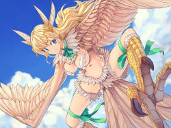 Rule 34 | 1girl, bad id, bad pixiv id, blonde hair, blue eyes, breasts, claws, cloud, day, feathered wings, feathers, green ribbon, hair ornament, harpy, jajala, large breasts, leg ribbon, long hair, monster girl, neck ribbon, original, ribbon, sky, solo, winged arms, wings