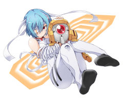 Rule 34 | 1girl, ayanami rei, bandaged arm, bandages, bare shoulders, bibi02, blue hair, bodysuit, breasts, commentary request, full body, hair between eyes, hair ornament, hairband, halterneck, hand on another&#039;s chin, hand on another&#039;s head, highres, holding, knees together feet apart, looking at viewer, mecha, neon genesis evangelion, one eye covered, plugsuit, red eyes, robot, short hair, simple background, sitting, solo, thighs, white background