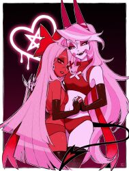 Rule 34 | ass, charlie morningstar, colored sclera, colored skin, demon, demon girl, hazbin hotel, highres, holding, long hair, looking at viewer, official alternate hair length, official alternate hairstyle, pink sclera, red sclera, red skin, thighhighs, underwear, vaggie, yellow sclera, yokotn, yuri