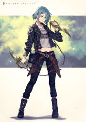 Rule 34 | 1girl, bag, black jacket, blue hair, boots, denim, dual wielding, earrings, english text, hair ornament, hairclip, handbag, highres, holding, holding weapon, holster, jacket, jeans, jewelry, knife, kusano shinta, midriff, navel, open clothes, open jacket, original, pants, ring, short hair, smile, solo, weapon, yellow eyes