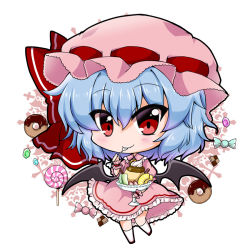 Rule 34 | 1girl, bad id, bad pixiv id, bat wings, blue hair, chibi, commentary request, food, hat, looking at viewer, mob cap, noai nioshi, pudding, red eyes, remilia scarlet, short hair, smile, solo, touhou, wings