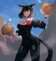 Rule 34 | 1girl, animal ears, bare shoulders, black eyes, black hair, black tail, blue sky, bomb, bow, breasts, cat ears, cat tail, cleavage, earrings, explosive, facial mark, final fantasy, final fantasy xiv, flower, gloves, grin, hairband, holding, holding bomb, jewelry, large breasts, medium breasts, medium hair, miqo&#039;te, monocle, muraicchi (momocchi), nashu mhakaracca, outdoors, parted lips, pink lips, puffy sleeves, rose, sky, sleeves rolled up, smile, smoke, solo, standing, tail, teeth, white bow, white gloves, white hairband, white neckwear
