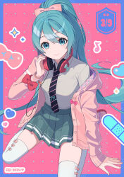 Rule 34 | 1girl, 39, black necktie, blue border, blue eyes, blue hair, border, bow, breasts, closed mouth, collared shirt, commentary request, diagonal-striped clothes, diagonal-striped necktie, fen renlei, green skirt, hair between eyes, hand on headphones, hand up, hatsune miku, headphones, headphones around neck, highres, hood, hood down, hooded jacket, jacket, long hair, looking at viewer, miku day, necktie, off shoulder, open clothes, open jacket, pink jacket, pleated skirt, ponytail, project diva (series), red background, red bow, ribbon girl (module), shirt, sitting, skirt, small breasts, smile, solo, striped clothes, thighhighs, very long hair, vocaloid, wariza, white shirt, white thighhighs