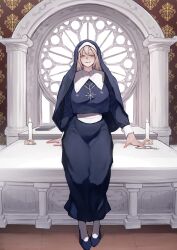 Rule 34 | 1girl, absurdres, blonde hair, bluecup, book, candlelight, church, green eyes, grin, highres, looking at viewer, nun, short hair, sitting, smile, traditional nun