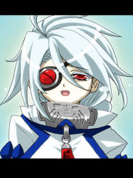 Rule 34 | 1girl, arc system works, blazblue, eyepatch, female focus, gradient background, long hair, nu-13, open mouth, pale skin, red eyes, sendai01, silver hair, solo
