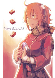 Rule 34 | 1girl, age nasuo, ahoge, box, brown scarf, closed mouth, coat, fate/grand order, fate (series), fujimaru ritsuka (female), fujimaru ritsuka (female) (new year&#039;s greetings), gift, gift box, hair between eyes, hair bobbles, hair ornament, happy valentine, highres, holding, holding box, long sleeves, official alternate costume, one side up, orange hair, plaid, plaid scarf, red coat, scarf, short hair, solo, standing, yellow eyes