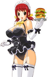 Rule 34 | bow, breasts, brown eyes, burger, cheese burger, food, lingerie, lowres, maid, red hair, short twintails, smile, teddy (lingerie), twintails, underwear