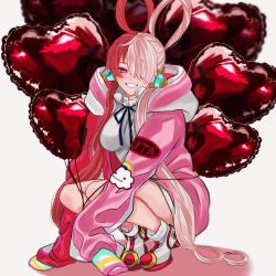 Rule 34 | 1girl, absurdres, artist request, balloon, bare legs, bare shoulders, birthday, blush, breasts, dress, full body, grin, hair over one eye, hair rings, headphones, highres, idol, jacket, long hair, long sleeves, multicolored hair, one piece, one piece film: red, oversized clothes, red hair, simple background, smile, solo, squatting, twitter username, two-tone hair, uta (one piece), very long hair, white background, white dress, white hair, wide hips