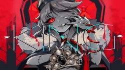 Rule 34 | 1girl, barbed wire, beautiful witch sakuran, black nails, coat, crown, fangs, finger in own mouth, fur-trimmed coat, fur trim, galatea (identity v), hair over one eye, identity v, king (vocaloid), limited palette, long hair, looking at viewer, nail polish, parody, red background, red eyes, scar, scar on neck, slit pupils, smile, solo, teeth, throne, upper body, vocaloid