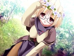 Rule 34 | 00s, 1girl, :d, blonde hair, blue flower, blue skirt, blurry, blush, breasts, brown pantyhose, buttons, capelet, corset, covered erect nipples, cowboy shot, cross-laced clothes, crying, crying with eyes open, day, depth of field, flower, flower wreath, game cg, glasses, grass, hair flower, hair ornament, hand on own head, hand up, happy, head wreath, impossible clothes, impossible shirt, large breasts, long skirt, long sleeves, looking at viewer, nature, oono tetsuya, open mouth, outdoors, pantyhose, pencil skirt, prism ark, rectangular eyewear, red eyes, shirt, short hair, side slit, sister hell, skirt, sleeves past wrists, smile, solo, tears, theresa tillett, tree, yellow shirt