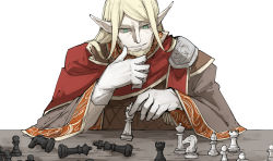 Rule 34 | 1boy, beard, blonde hair, cape, chess piece, facial hair, fate/grand order, fate (series), gloves, green eyes, hand on own chin, highres, kankan33333, male focus, pointy ears, spriggan (fate), stroking own chin, table, white background, white gloves