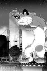 Rule 34 | arms behind back, building, chida daisuke, city, closed mouth, commentary request, creatures (company), energy, fangs, fangs out, game freak, gen 1 pokemon, gigantamax, gigantamax meowth, greyscale, highres, leaning forward, looking down, meowth, monochrome, night, nintendo, outdoors, pokemon, pokemon (creature), sky, smile, standing, star (sky), sweat, toes, trembling