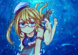 10s 1girl bad_id bad_pixiv_id barefoot blonde_hair blue_eyes breasts female_focus glasses hat i-8_(kancolle) i-class_destroyer kantai_collection large_breasts one-piece_swimsuit open_mouth osiimi osiimi red-framed_eyewear school_swimsuit semi-rimless_eyewear soles submerged swimsuit toes under-rim_eyewear underwater