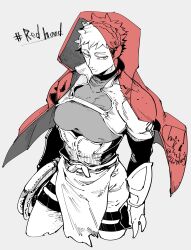 Rule 34 | 1boy, 69bones, absurdres, braid, corset, crown braid, greyscale, highres, holster, hood, looking at viewer, male focus, monochrome, original, pectorals, popped collar, red eyes, short hair, signature, spot color, thigh holster, twitter username