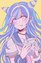 Rule 34 | 1girl, :p, black hair, black nails, bubble tea, collarbone, commentary, criis-chan, cup, danganronpa (series), danganronpa 2: goodbye despair, disposable cup, drinking straw, ear piercing, flat color, hair horns, holding, jewelry, long hair, looking at viewer, mioda ibuki, multicolored hair, nail polish, piercing, pink eyes, pink hair, sailor collar, school uniform, scrunchie, shirt, short sleeves, smile, solo, symbol-only commentary, tongue, tongue out, twitter username, upper body, wavy hair, white hair, wrist scrunchie