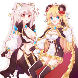 Rule 34 | 2girls, animal ear fluff, animal ears, bear ears, black coat, black gloves, black legwear, black pants, blonde hair, blue eyes, blush, bow, breasts, brown cape, brown dress, cape, cat ears, cleavage, coat, commentary request, dress, feet out of frame, fur-trimmed cape, fur-trimmed dress, fur trim, garter straps, gem, gloves, gold trim, hair bow, halterneck, highres, jewelry, light (luxiao deng), long hair, long sleeves, looking at viewer, medium breasts, multiple girls, official alternate costume, open mouth, pants, pink hair, ragnarok online, red bow, red cape, red eyes, ring, short dress, simple background, smile, sparkle, strapless, strapless dress, suspenders, thighhighs, two-sided cape, two-sided fabric, two-tone dress, two-tone legwear, v, very long hair, warlock (ragnarok online), white background, white dress, white legwear