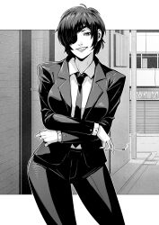 1girl absurdres arms_under_breasts black_hair black_necktie border breasts chainsaw_man cigarette cirenk city cityscape collared_shirt crossed_arms eyepatch formal formal_clothes highres himeno_(chainsaw_man) holding holding_cigarette jacket large_breasts looking_at_viewer necktie realistic shirt short_hair smile smoking solo suit suit_jacket white_border white_shirt