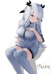 Rule 34 | 1girl, absurdres, arknights, ban tang, breasts, chinese commentary, dress, feather hair, grey dress, grey thighhighs, hair between eyes, hand on own chest, highres, large breasts, long hair, owl ears, ptilopsis (arknights), shadow, simple background, sitting, solo, thighhighs, very long hair, white background, white hair, yellow eyes