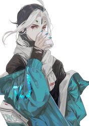 Rule 34 | 1boy, absurdres, alternate costume, alternate hairstyle, black hair, blue hair, blue nails, burusiji, cup, drink, eyeshadow, fate/grand order, fate (series), forehead jewel, highres, holding, holding cup, jacket, light blue jacket, long hair, long sleeves, looking at viewer, makeup, male focus, multicolored hair, nail polish, open clothes, open jacket, red eyes, red eyeshadow, scarf, shi huang di (fate), simple background, solo, two-tone hair, upper body, very long hair, white background, white hair, white scarf