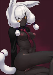 Rule 34 | 1girl, animal ears, ass, bad id, bad pixiv id, black skin, blush, bottomless, breasts, cleft of venus, clitoris, colored skin, covered erect nipples, dark-skinned female, dark skin, highres, light areolae, musen-shiki sanhankikan, necktie, nipples, puffy nipples, pussy, pussy juice, solo, tail, uncensored, white hair, yellow eyes
