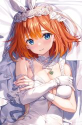 Rule 34 | 1girl, bare shoulders, bed sheet, blue eyes, blush, bow, breasts, closed mouth, commentary request, dress, elbow gloves, fingernails, fujima takuya, gloves, go-toubun no hanayome, hair between eyes, hair bow, highres, jewelry, large breasts, looking at viewer, lying, nail polish, nakano yotsuba, on back, orange hair, pink nails, ring, short hair, single glove, sleeveless, sleeveless dress, smile, solo, twitter username, upper body, veil, wedding dress, wedding ring, white bow, white dress, white gloves