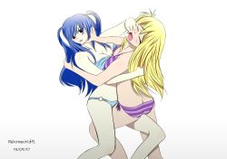 Rule 34 | 2girls, absurdres, alternate hairstyle, angry, aqua bikini, armpits, artist name, asphyxiation, ass, asymmetrical docking, barefoot, bikini, black hair, blonde hair, blue eyes, breast press, breasts, brown eyes, butt crack, catfight, cleavage, closed eyes, collarbone, eyelashes, fairy tail, feet, female focus, fighting, fingernails, full body, grabbing another&#039;s hair, hair between eyes, hand on another&#039;s face, highres, juvia lockser, large breasts, leg between thighs, legs, long hair, looking at another, lucy heartfilia, midriff, multiple girls, navel, neck, open mouth, pain, purple bikini, side-tie bikini bottom, side bangs, side ponytail, sidelocks, simple background, soles, standing, strapless, strapless bikini, striped bikini, striped clothes, swimsuit, teeth, thighs, toenails, toes, twintails, violence, white background