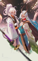 Rule 34 | aerysky, artist name, character request, copyright name, earrings, eyebrows, highres, holding, holding sword, holding weapon, horns, japanese clothes, jewelry, looking at viewer, male focus, onmyoji, pointy ears, ponytail, red ribbon, ribbon, scar, scar across eye, scar on face, standing, sword, teikon, weapon, white hair, wide sleeves, yellow eyes