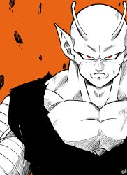Rule 34 | 1boy, absurdres, antennae, commentary, dragon ball, dragon ball super, dragon ball super super hero, frown, highres, large pectorals, liedein, male focus, monochrome, muscular, muscular male, orange background, orange piccolo, pectorals, piccolo, pointy ears, red eyes, rock, solo, spot color, upper body