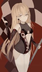 Rule 34 | 1girl, absurdres, black bra, black gloves, blonde hair, bra, breasts, closed mouth, cross, cross earrings, earrings, elbow gloves, eye piercing, feet out of frame, fingerless gloves, flag, girls&#039; frontline, gloves, gun, hair between eyes, hair ornament, hairclip, handgun, highres, holding, holding flag, holding gun, holding weapon, jewelry, long hair, looking at viewer, mimi ari mimi nashi mimi mimi, ppk (girls&#039; frontline), ppk (mach tempest) (girls&#039; frontline), race queen, simple background, small breasts, smile, solo, standing, underwear, weapon, yellow eyes