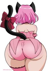 Rule 34 | 1girl, absurdres, animal ears, ass, back, backless outfit, bell, bow, cat ears, cat tail, choker, dress, frilled choker, frills, gloves, highres, huge ass, jingle bell, magical girl, mew ichigo, momomiya ichigo, off-shoulder dress, off shoulder, panties, pink choker, pink hair, puffy sleeves, shimetta masuta, shiny skin, short dress, short hair, skirt, solo, tail, tail bell, tail bow, tail ornament, thigh strap, tokyo mew mew, transparent background, underwear