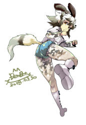 Rule 34 | 1girl, african wild dog (kemono friends), african wild dog print, animal ears, animal print, ass, attack, black hair, bodystocking, boots, brown eyes, clenched hands, commentary request, cutoffs, dated, den (zeroshiki), dog ears, dog tail, extra ears, fighting stance, floating hair, from behind, full body, grey hair, hair between eyes, hands up, incoming attack, kemono friends, layered sleeves, leaning forward, long sleeves, looking at viewer, looking back, medium hair, multicolored hair, parted lips, shirt, shoe soles, short over long sleeves, short shorts, short sleeves, shorts, sidelocks, signature, simple background, solo, tail, tail through clothes, twisted torso, v-shaped eyebrows, white background, white hair, white shirt