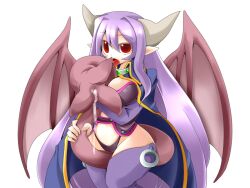 Rule 34 | 1girl, alma elma, between legs, black panties, blue cloak, bmp-to-png conversion, breasts, bridal gauntlets, cleavage, cloak, cum on tail, demon girl, demon horns, demon wings, frfr, game cg, grey horns, hair between eyes, highleg, highleg panties, holding own tail, horns, large breasts, long hair, looking at viewer, mon-musu quest!, monster girl, navel, non-web source, open mouth, panties, pointy ears, prehensile tail, purple bridal gauntlets, purple hair, purple thighhighs, red eyes, simple background, solo, standing, tail, tail between breasts, tail between legs, tattoo, thighhighs, tongue, tongue out, transparent background, underwear, very long hair, wings