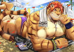 Rule 34 | 1boy, ass, bara, beach, biceps, bird, black fur, bracelet, cellphone, cloud, cloudy sky, confetti, furry, furry male, gluteal fold, highres, jewelry, large pectorals, lion boy, looking at viewer, male focus, male swimwear, manly, mature male, miazuma shouki, multicolored fur, muscular, muscular male, necklace, nipples, nomad (housamo), one eye closed, orange fur, outdoors, palm tree, pectorals, phone, purple male swimwear, purple swim briefs, red hair, ring, sand, seagull, sky, smile, solo, spiked hair, sweat, sweatdrop, swim briefs, swimsuit, teeth, thick arms, thick eyebrows, thick thighs, thighs, tokyo houkago summoners, towel, towel around neck, tower, tree, umbrella, wristband