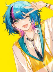 Rule 34 | 1boy, androgynous, arm up, black hair, black necktie, blue hair, bracelet, collared shirt, commentary, drawstring, dutch angle, earrings, jacket, jewelry, kyo kaneko, looking at viewer, male focus, multicolored hair, necktie, nijisanji, nijisanji en, one eye closed, open mouth, pangpangpq, pink hair, shirt, short hair, simple background, smile, solo, streaked hair, striped necktie, upper body, v, virtual youtuber, white jacket, white shirt, yellow background, yellow eyes