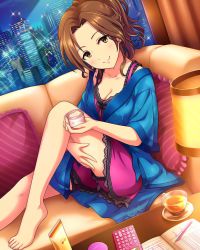 Rule 34 | 10s, 1girl, barefoot, book, breasts, brown eyes, brown hair, calculator, cleavage, couch, cup, curtains, feet, floral print, highres, idolmaster, idolmaster cinderella girls, kawashima mizuki, lamp, medium breasts, official art, open book, pen, pillow, resized, saucer, sitting, skyline, solo, teacup, upscaled, waifu2x, yellow eyes