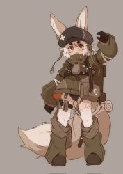 Rule 34 | 1girl, animal ears, backpack, bad id, bad twitter id, bag, bandaged tail, bandaid, bandaid on face, bandaid on nose, bandaid on thigh, belt, beret, black footwear, black gloves, black hat, black panties, boots, bright pupils, dot nose, ears through headwear, fang, fox ears, fox girl, fox tail, full body, gloves, gluteal fold, green jacket, grey background, hair between eyes, hand up, hat, highres, hikimayu, jacket, koko comet, leg warmers, long sleeves, looking at viewer, multicolored hair, open mouth, original, panties, pouch, red eyes, red hair, short hair, shoulder belt, simple background, skin fang, skindentation, solo, standing, streaked hair, tail, tail pouch, thigh pouch, thigh strap, thighhighs, two-sided fabric, two-tone hair, underwear, white hair, white pupils, white thighhighs