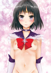 Rule 34 | 1990s (style), 1girl, amami reiko, bishoujo senshi sailor moon, black eyes, black hair, blush, bow, breasts, brooch, choker, circlet, elbow gloves, gloves, groin, highres, nipples, out-of-frame censoring, red bow, retro artstyle, sailor saturn, short hair, solo, standing, star brooch, tomoe hotaru