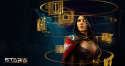 Rule 34 | 1girl, breasts, cleavage, cloak, cyborg, eyeshadow, glowing, glowing eye, grey eyes, highres, hologram, holographic interface, hood, indoors, jericho (star conflict), logo, looking away, looking to the side, makeup, military, pink lips, purple eyeshadow, realistic, red cloak, scar, science fiction, solo, star conflict, yellow eyes