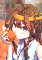 Rule 34 | 10s, 1girl, bare shoulders, blush, breasts, brown eyes, brown hair, detached sleeves, double bun, food, fruit, hair bun, hair ornament, hairband, headgear, highres, japanese clothes, kantai collection, kongou (kancolle), konkito, long hair, market, nontraditional miko, open mouth, orange (fruit), personification, skirt, smile, solo