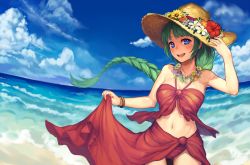 Rule 34 | 10s, 1girl, bare shoulders, beach, bikini, blue eyes, blue sky, blunt bangs, bracelet, braid, breasts, cleavage, clothes lift, cloud, cowboy shot, day, fisheye, flower collar, green hair, halterneck, hat, hatomugi seika, highres, jewelry, kantai collection, long hair, mole, mole under mouth, necklace, ocean, open mouth, outdoors, red bikini, sarong, sarong lift, sky, smile, solo, standing, sun hat, swimsuit, very long hair, water, yuugumo (kancolle)