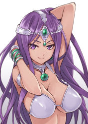Rule 34 | 1girl, armlet, arms up, bad id, bad pixiv id, bikini, bracelet, breasts, choker, chunsoft, circlet, cleavage, dark-skinned female, dark skin, dragon quest, dragon quest iv, enix, female focus, jewelry, large breasts, long hair, looking at viewer, lots of jewelry, manya (dq4), matsuryuu, purple eyes, purple hair, simple background, smile, solo, swimsuit, upper body, white background