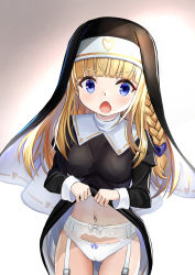 Rule 34 | 1girl, black dress, blonde hair, blue eyes, bow, bow panties, braid, breasts, clothes lift, commentary request, cowboy shot, dress, dress lift, garter belt, gluteal fold, habit, heart, highres, juliet sleeves, lifted by self, long hair, long sleeves, looking at viewer, navel, nun, open mouth, original, panties, panties over garter belt, puffy sleeves, single braid, small breasts, solo, standing, tsuseki, underwear, v-shaped eyebrows, white panties