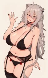 Rule 34 | 1girl, absurdres, ahoge, animal ears, black bra, black panties, blush, bra, breasts, choker, collarbone, commentary, english commentary, grey eyes, grey hair, hair between eyes, highres, hololive, large breasts, lingerie, lion ears, lion girl, lion tail, long hair, looking at viewer, paid reward available, panties, red nails, shishiro botan, smile, solo, tail, thighhighs, thighs, tongue, tongue out, underwear, underwear only, variant set, varniskarnis, virtual youtuber
